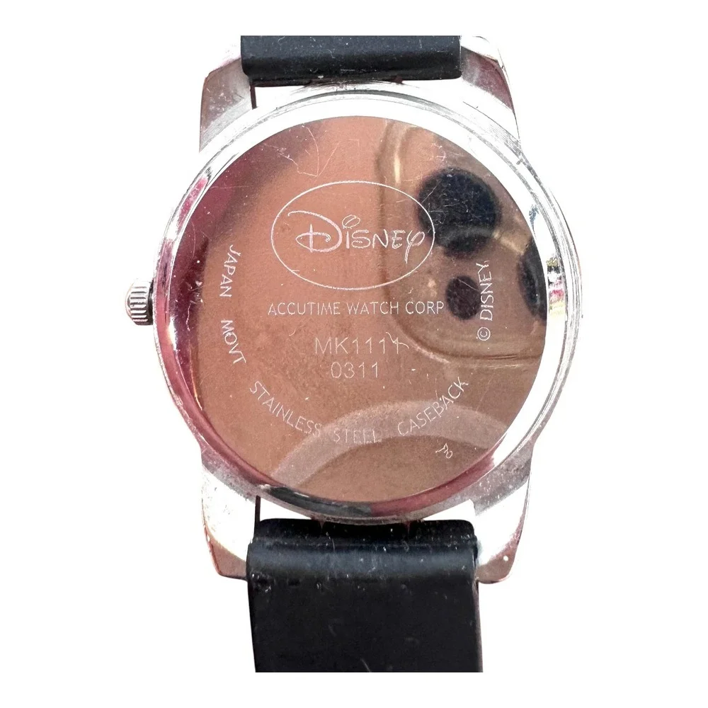 Disney Mickey Mouse Watch Accutime Heart Second Hand Black Band MK1111 Working